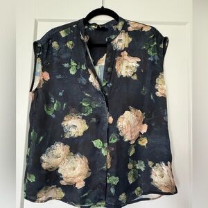 Elie Tahari Black Floral Cap Sleeve Blouse Size S